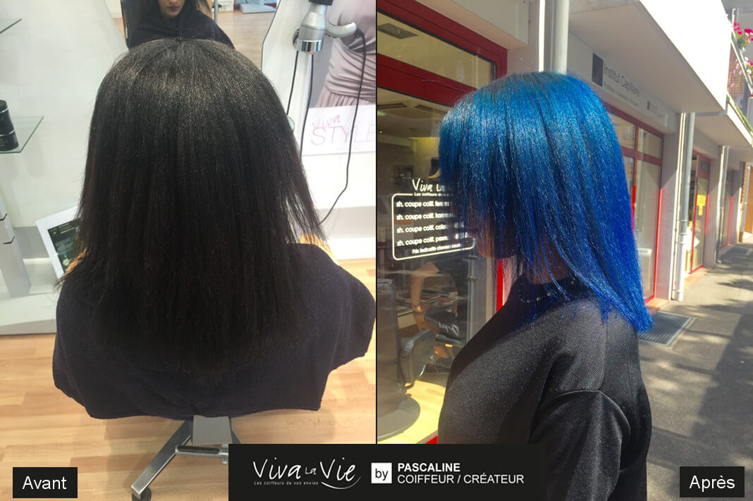 Coiffure et coupe de transformation avant/apres coloration cheveux tendance flashy bleus